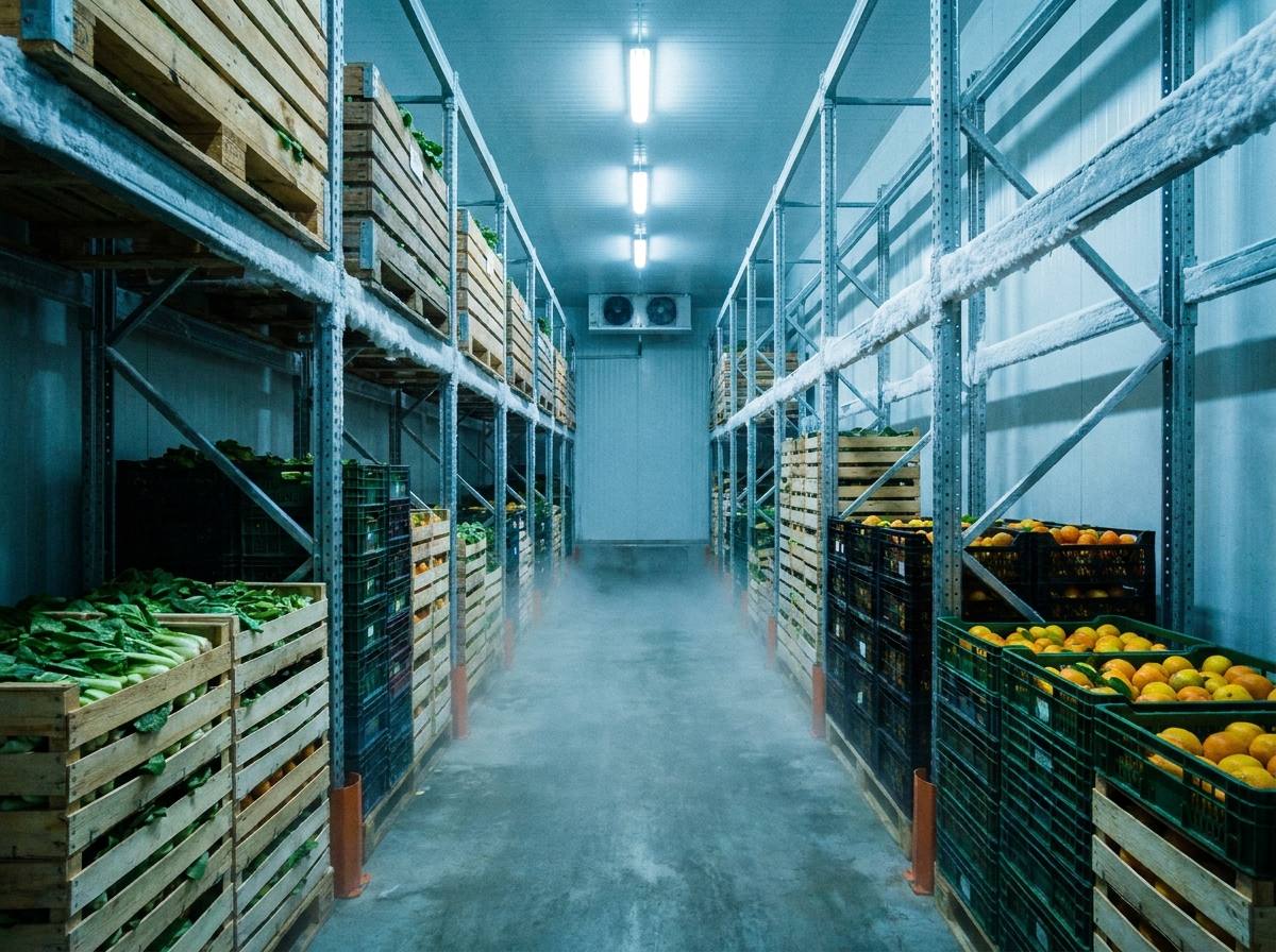 Cold store aisle stacked with produce crates