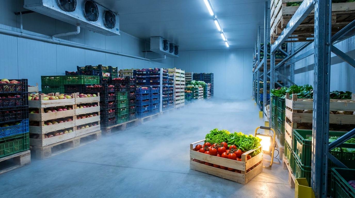 Palletised crates in cold storage