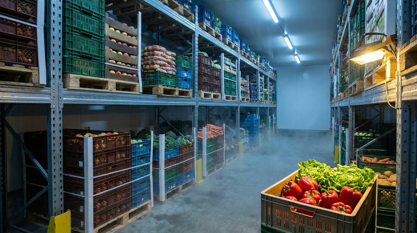 Cold store stacked with produce